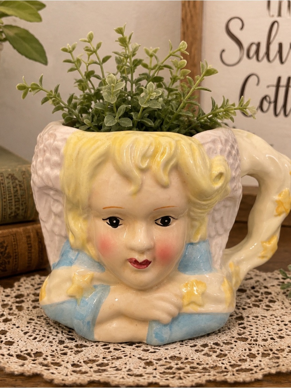 Vintage Yellow and Blue Porcelain Cherub Planter